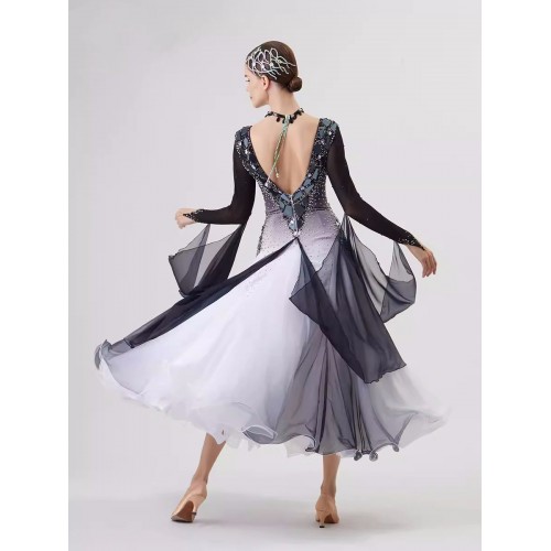 Customized size black white gradient competition ballroom dance dresses lens stones bling waltz tango foxtrot senior rhythm dancing long gown for female